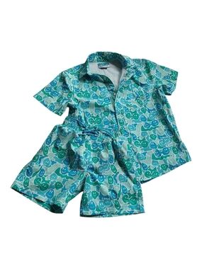 Kids Short-Sleeve Swim Pajama Set in Aqua & Teal Smiley Print